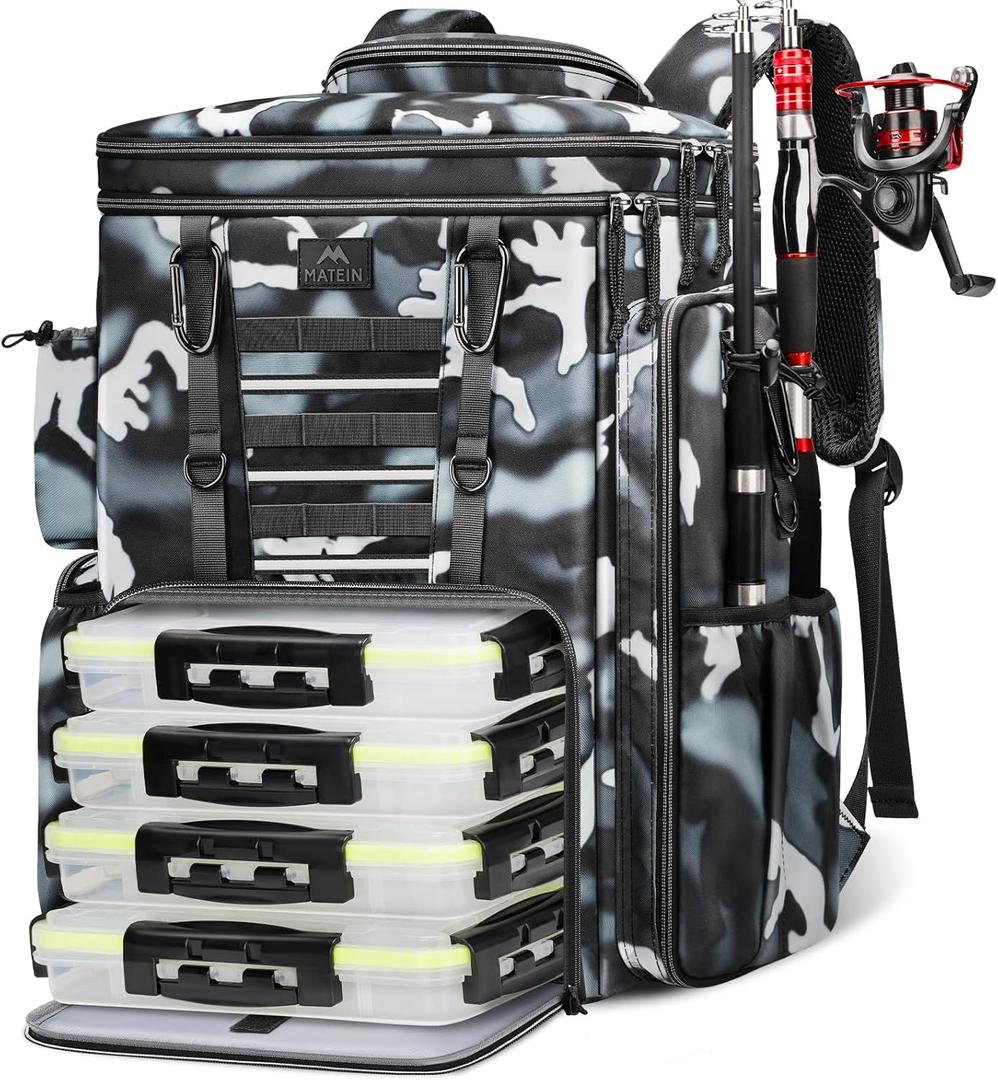 MATEIN Fishing Backpack with Tackle Boxes 3700, Extra Large Tackle Backpack with Rod Holders & 4 Trays & Rain Cover (Camouflage)
