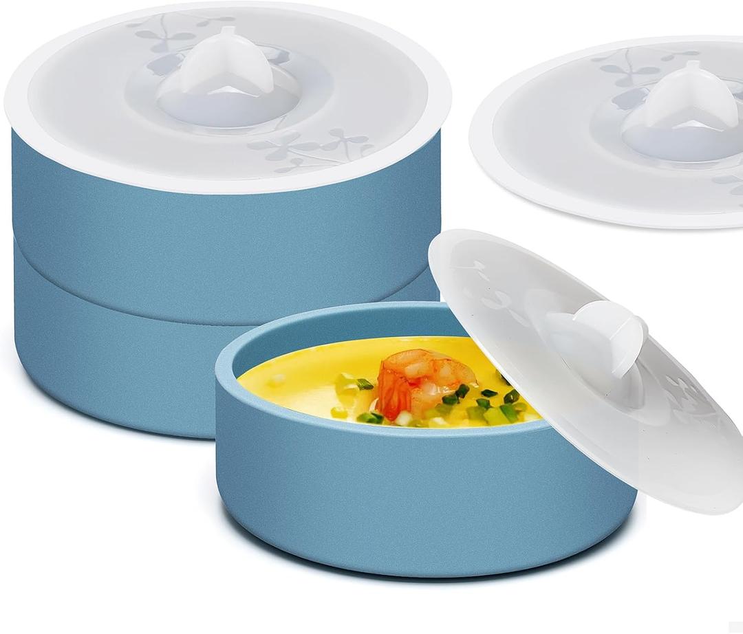 Egg Poacher Set of 3, Silicone Egg Poaching Cups with Lids for Microwave Egg Cooking, Toaster Oven Air Fryer Egg Mold Nonstick Poached Egg Maker (Blue)