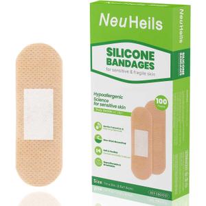 NeuHeils Silicone Bandages for Sensitive Skin 1''x3'' (100 Count), Hypoallergenic, Pain-Free Removal, Non-Stick Pad, Gentle for Fragile Skin,Flexible, Waterproof Wound Dressing