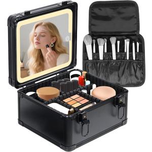 Travel Makeup Case with Lighted LED Mirror  Waterproof Cosmetic Organizer with Adjustable Dividers, Portable Makeup Train Case for Women, Black