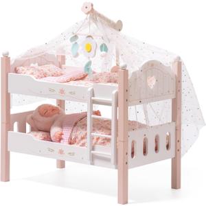 ROBUD Baby Doll Crib, Wooden Baby Doll Beds for 20 Inch Dolls, Baby Doll Bunk Beds with Tulle, American Girl Doll Bed for Gifts, Pink, Small