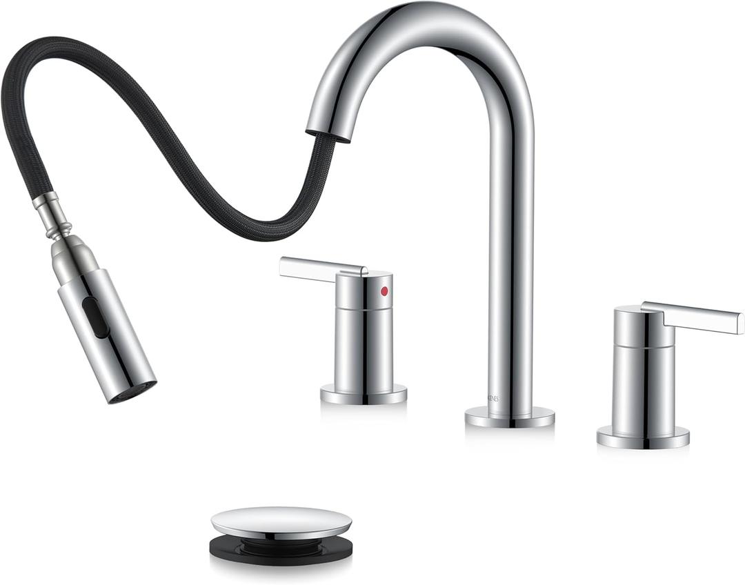 KENES Chrome Pull Down Bathroom Faucet, 8 Inch 2 Handle Widespread Bathroom Faucet 3 Hole with Pull Out Sprayer, Bathroom Sink Faucet with Pop Up Drain & Supply Lines LJ-9068-5
