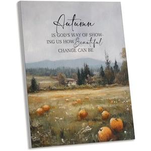 AEHIE Fall Vintage Christian Pumpkin Wall Art Decor, Rustic Fall Autumn Pumpkin Patch Bible Verse Framed Canvas Wall Art, Religious Scripture Decorations for Home Bedroom Living Room Farmhouse，11x14