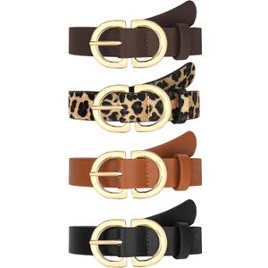 YARIEW 4 Pack Leopard Belts for Women Leather Belts for Jeans Pants Ladies Dress Belt Waist Belt with Gold Buckle (M: Fit Waist Size 32-37 Inches, Dark Brown, Black, Light Brown, Leopard)
