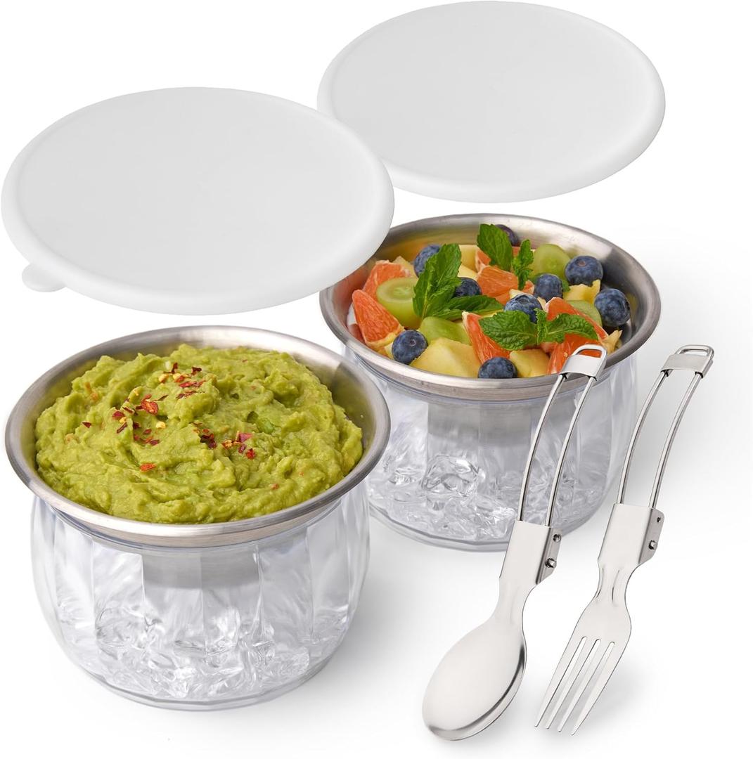 Useful Co. Dip Chiller Bowl with Lid, 20oz 2-Pack, Chilled Serving Bowls for Parties, Salsa Bowls, Cold Serving Dish for Hummus, Guacamole, Sauces, Pasta