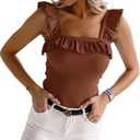 Womens Cute Sleeveless Tank Tops Ruffle Strap Square Neck Blouse Solid Color Knitted Camisole XL