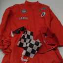 XYHKOBB 5PCS Racing Car Driver Costume for Adults Men, Red Racer Jumpsuit Halloween Cosplay Outfit with Hat Sunglasses Flags, Large 