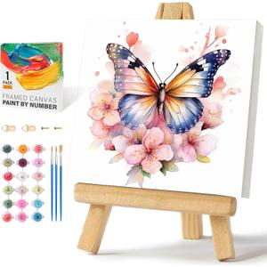 Framed Paint by Numbers Kit for Adults Beginners & Kids Ages 8-12, Butterfly Flowers Acrylic Easy Paint by Number with Frame, Paint by Number Kits on Canvas Framed (10 * 10 Inch, without Easel) (BOP1PF05)