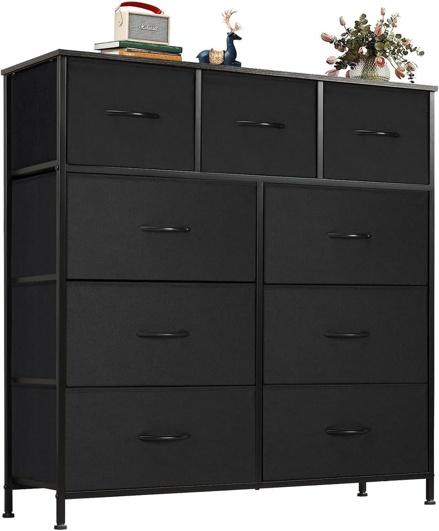 OLIXIS Dresser for Bedroom, 9 Storage Drawers, Wide Fabric Closet Chests Organizer Tower Furniture, TV Stand with Wooden Top Metal Frame for Clothes, Living Room, Hallway, Entryway, Black