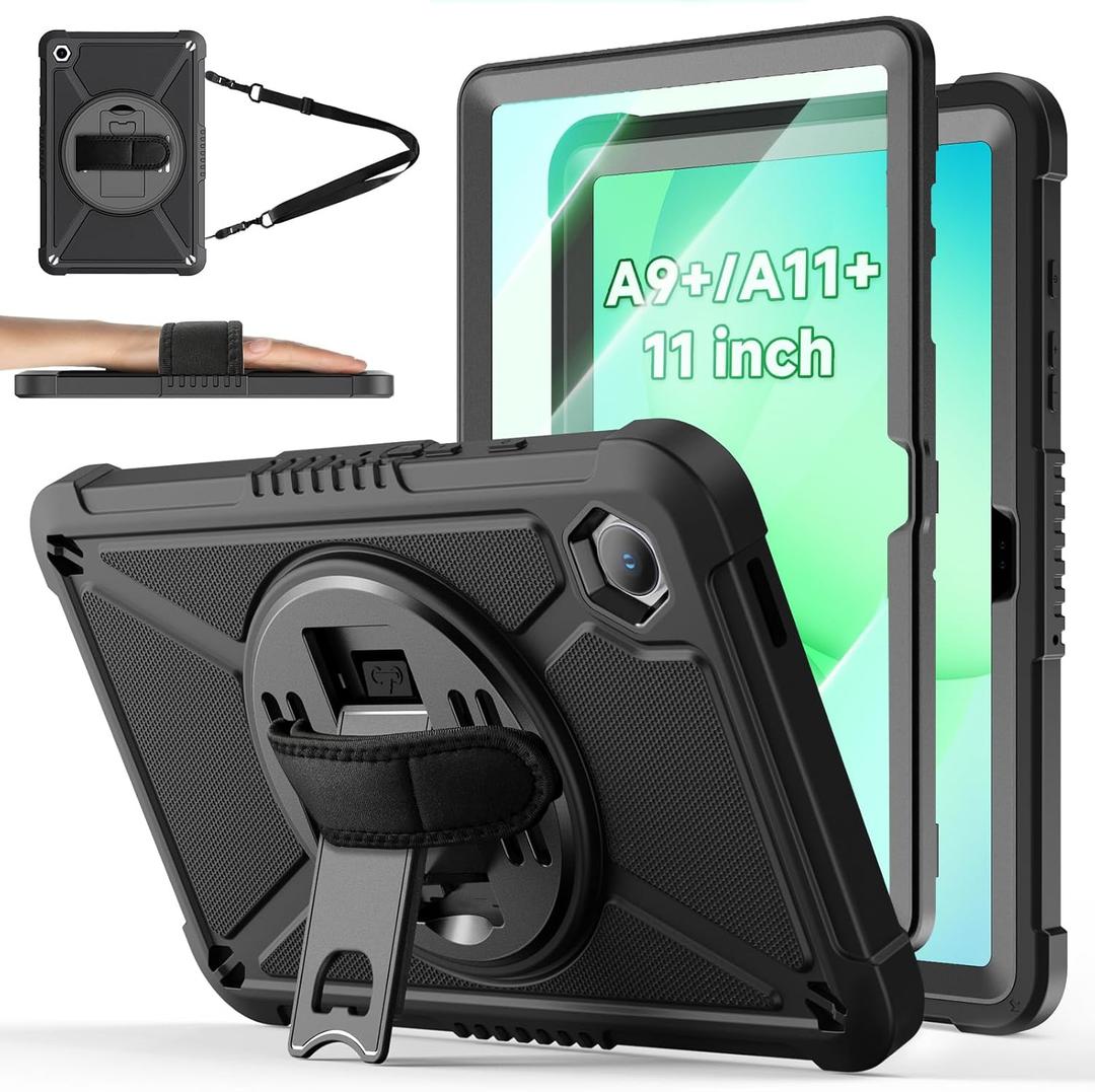 ZtotopCases for Samsung Galaxy Tab A11+ Plus/A9+ 11-Inch 2025/2023, Shockproof Hard Duty Case with Screen Protector+360 Rotating Hand Strap & Stand+Shoulder Strap for Tab A11+/A9 Plus Tablet, Black