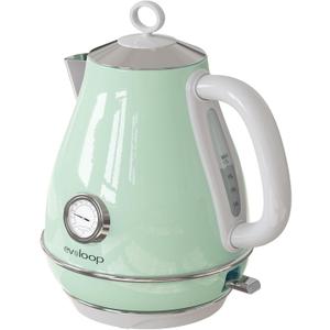 Evoloop Electric Tea Kettle, 1500W /1.7 Liter Hot Water Boiler Heater Pot, Retro Electric Kettle with Thermometer, Auto Shut-Off & Boil-Dry Protection, BPA Free,Stainless Steel Teapot (Green grey)