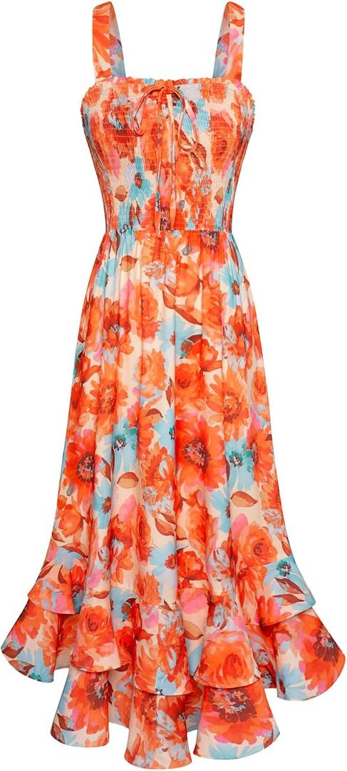 GRACE KARIN Women's 2025 Summer Floral Boho Dress Square Neck Strapped Swing A Line Sundress Beach Long Maxi Outfits (X-Large)