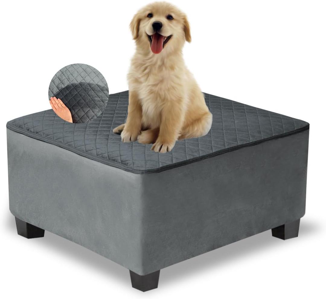 NeColorLife Waterproof Square Ottoman Cover, Thick Stretch Velvet Slipcover for Footstool, Non-Slip Soft Furniture Protector for Pets and Dogs,Dark Gray,Small (S Length&Width:28"-32",Height:14"-20")