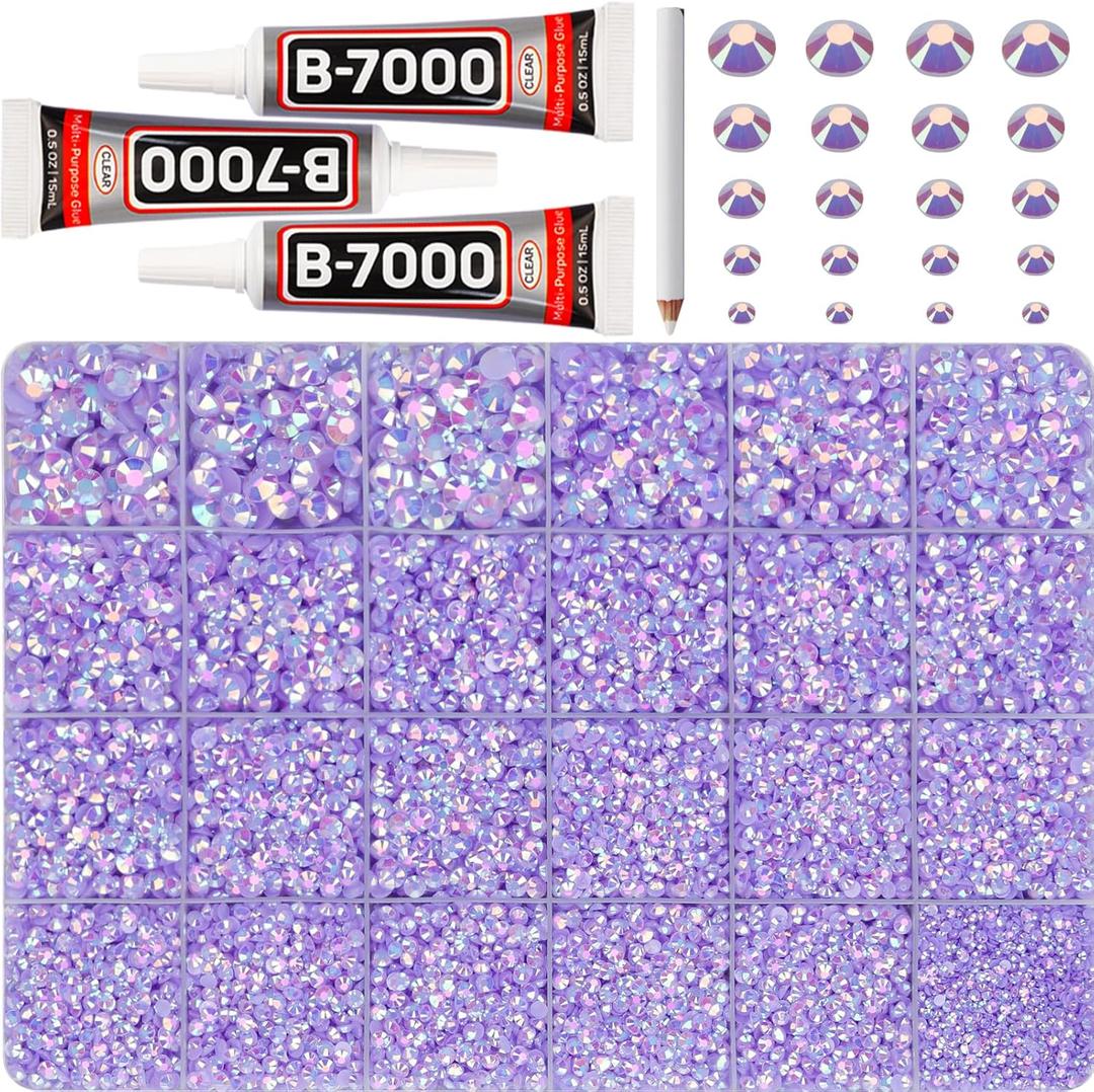 32000Pcs Light Purple Rhinestones for Bedazzling, Resin 2,3,4,5,6mm Mix Sizes Flatback Bedazzler Kit Bulk Gems Diamonds Gemstones Jewels Stones Crystals with B7000 Glue for Crafting Crafts Clothes