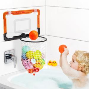 Baby Bath Toy Storage Organizer, Large Opening Mesh Bathtub Toy Storage for Tub, Bath Toy Holder for Quick Release of Toys for Bathroom, Basketball Hoop Design with Fun Bonus