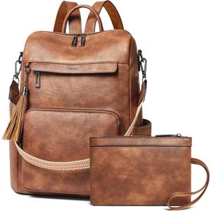 Shrrie Vegan Leather Laptop Backpack for Women 15.6 inch Work Backpack Fashion Travel Backpack Purse for Travel College Work (2 Two-toned Brown)
