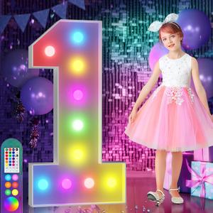 imprsv 4FT Colorful Marquee Numbers,18 Colors with Remote, Light Up Numbers 1 for 1st 10th Birthday Decorations Anniversary Party Decor, Pre-Cut Foam Board Kit, Mosaic Sign for Balloon