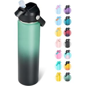 Fijinhom 24oz Insulated Stainless Steel Water Bottle, Wide Mouth Double Wall Vacuum, Silicone Straw, Sweat & Leak Proof, BPA Free Insulated Water Flask for Travel, Keep Cold 24h Hot 12h, Green & Black