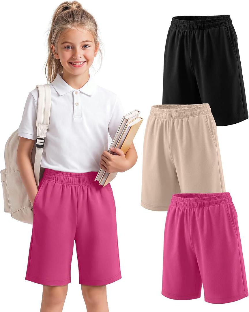 3 Pack Girls' School Uniform Sweat Shorts | Back to School Shorts with Pockets, Longer Length Bermuda for Teen, Girls Clothes size 10-12, Wide Leg Athletic Bermuda
