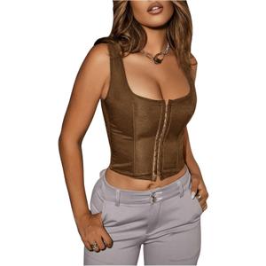 SOLY HUX Women's Y2K Vintage Strapless Overbust Corset Top Corset Boned Lace-Up Back Bodyshaper Crop Bandeau Top (Plain Brown), Size XS  SOLY HUX Women's Y2K Vintage Strapless Overbust Corset Top Corset Boned Lace-Up Back Bodyshaper Crop Bandeau Top (Plain Brown), Size XS