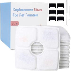 Cat Fountain Filter Replacement Set 20 Pcs, Compatible with 84oz/2.5L Square Fountain,12 Filter 6 Sponge 2 Brush Included