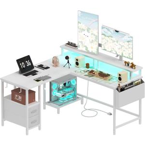 Lufeiya White L Shaped Computer Desk with Fabric Drawers, 47 Inch Corner Home Office Desk with Monitor Stand Shelves, Writing Study Gaming Desks with Led Lights and Power Outlets for Bedroom, White