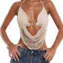 MakeMeChic Women's Crochet Halter Top Tie Open Back Metal Ring Draped Front Y2k Sexy Rave Festival Concert Party Tops (Beige) 
 X-Small
