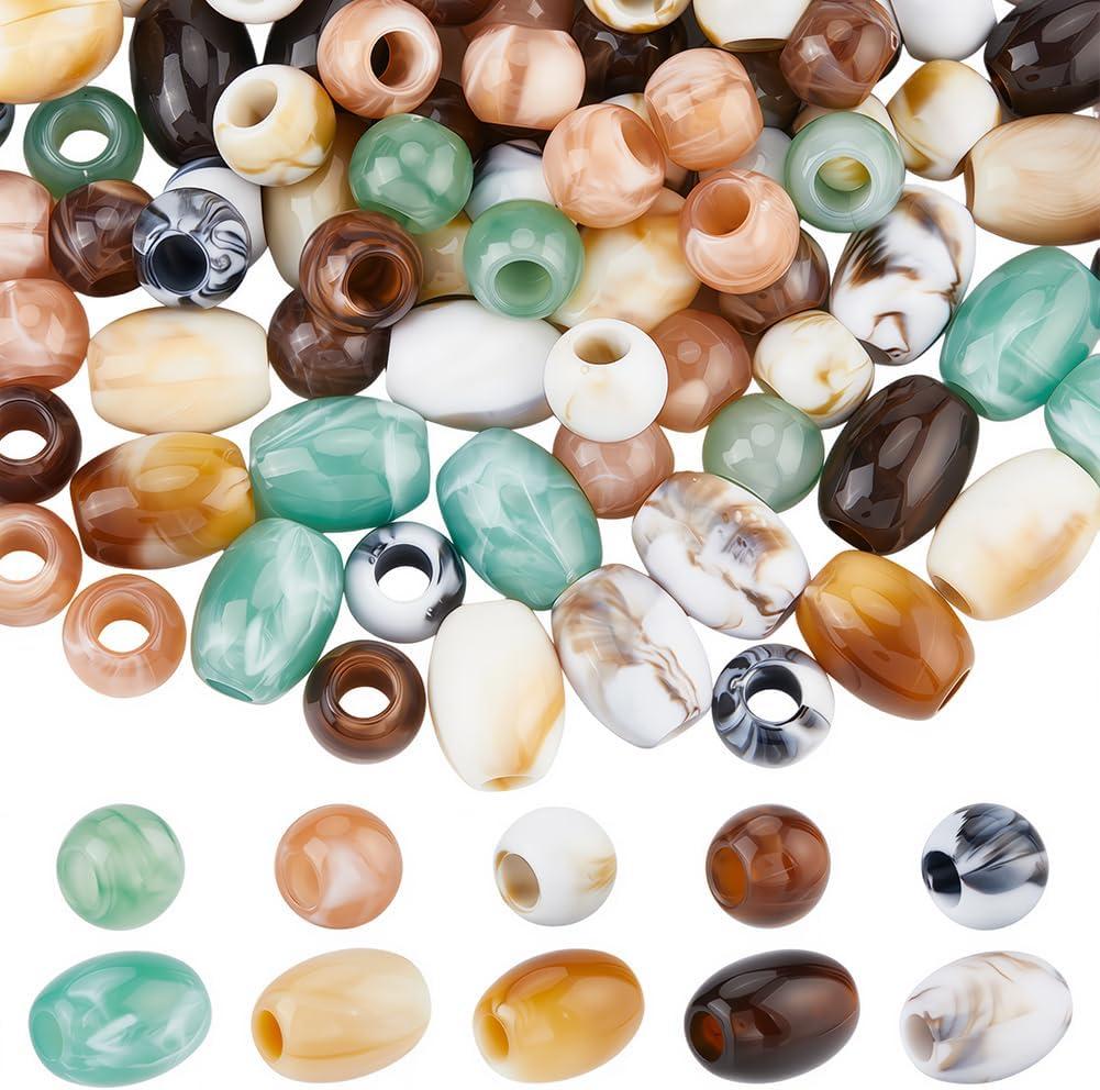 1 Box 150PCS Acrylic Large Hole Hair Beads Round Oval Opaque European Imitation Painted Stone Loose Spacer Polished Barrel Macrame Bead Bulk for Jewelry Making Bracelet Necklaces DIY Craft