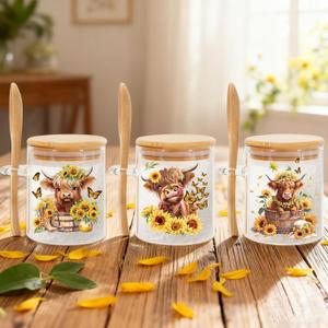 3Pcs 13 Oz Fall Glass Jars with Lids and Spoons Highland Cow Sunflower Airtight Candy Condiment Container Bowls for Thanksgiving Goodie Sugar Cookies Treat Storage Hot Cocoa Bar Supplies