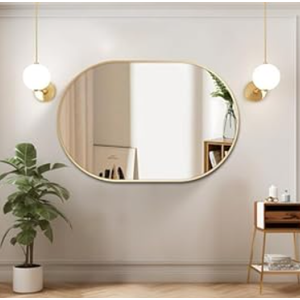 Oval Wall Mounted Mirror, 20"x30" Mirror with Aluminum Alloy Frame, Black Oval Mirror for Bathroom, Bedroom, Living Room, Gold