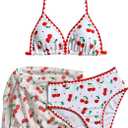 Verdusa Girl's 3 Piece Bikini Sets Cherry Halter Cute Swimsuits with Cover Up Skirt White 8 Years