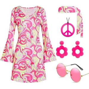 Deerjoke 60s 70s Disco Outfit Hippie Costume Women, 1970 Style Clothes Dress Peace Sign Accessories Jewelry Halloween XXL