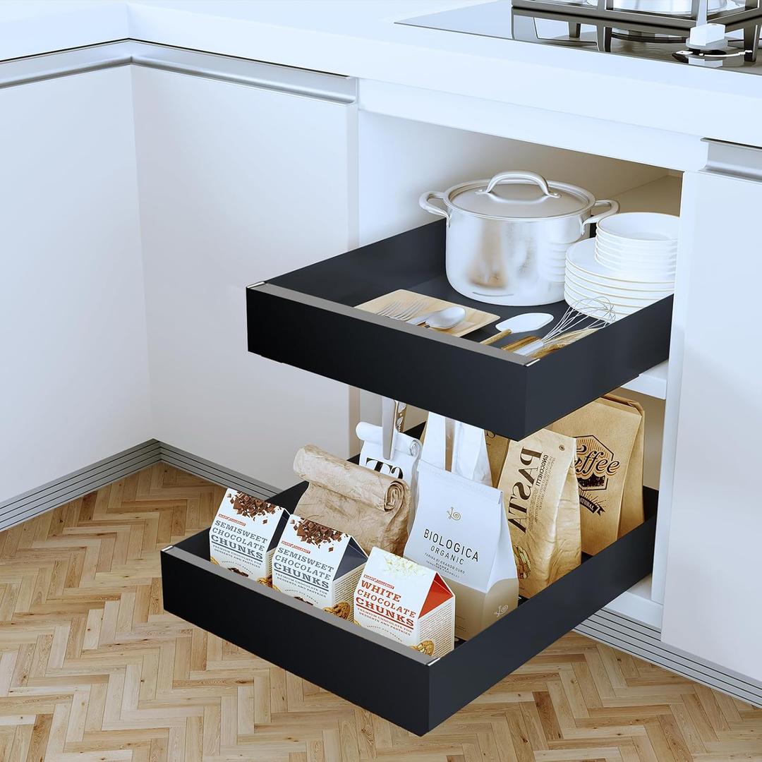 Pull Out Cabinet Organizer 21" Deep Adhesive Slide Out Cabinet Drawer Peel Stick Pull Out Shelf Drawer for Kitchen Pantry Bathroom Solid Panel Black 1 Pack 13.8" Wide