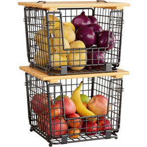 Wire Storage Basket for Kitchen Pantry: GGIU Stackable Kitchen Counter Organizers - Wire Organizing Bin for Produce Fruit Vegetable Potato and Onion Black