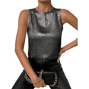 SOLY HUX Women's Metallic Tank Top Round Neck Sleeveless Casual Summer Tops Pure Black Large
