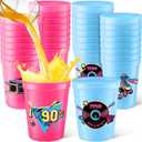 24 Pcs 90s Theme Cups 16 oz Reusable Thick Retro Disco Party Plastic Drinking Cup Rose Red and Blue Retro Music Throwback Dance Party Decorations Birthday Supplies