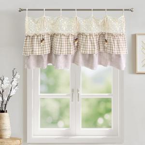 Gxi Tie Top Gingham Kitchen Curtain Check Ruffle Valance Rod Pocket Classic Vintage Beige Farmhouse Short Curtain Linen Valances for Small Windows, 1 Panel W59 x L20 inch