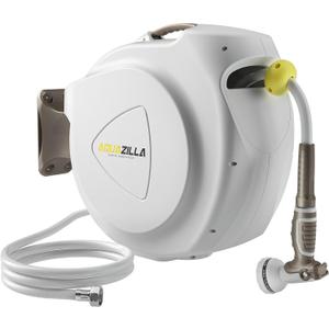Retractable Garden Hose Reel, 1/2 in 120+6 ft, Heavy Duty Wall Mounted Water Hose Reel, Spring Power Automatic Rewind, Any Length Lock, 180 Swivel Bracket, 10 Pattern Spray Nozzle