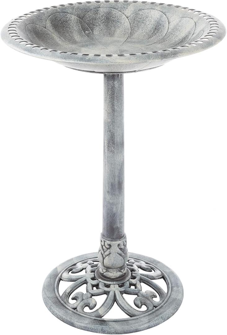 Pure Garden Outdoor Antique-Style Bird Bath - Weather-Resistant Polyresin Basin with Vintage Design and Ground Stakes - Yard and Patio Decor (Gray)
