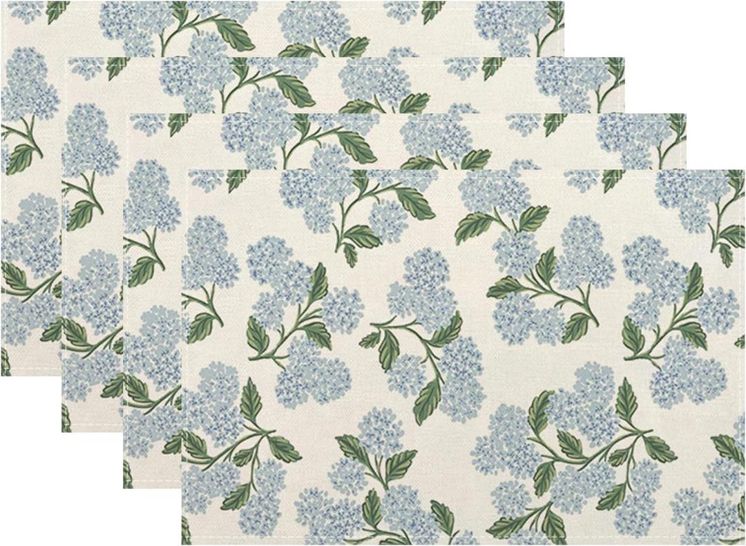 Blue Green Spring Placemats Set of 4 Hydrangea Flower Decor Place Mats 12x18 Inch Vintage Floral Summer Seasonal Decorative Linen Table Mats for Home Kitchen Dining Party Table Decoration