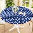 Smiry Round Picnic Tablecloth, Waterproof Elastic Fitted Table Covers for 57" - 68" Tables, Wipeable Flannel Backed Vinyl Tablecloths for Camping, Indoor, Outdoor, Navy & White