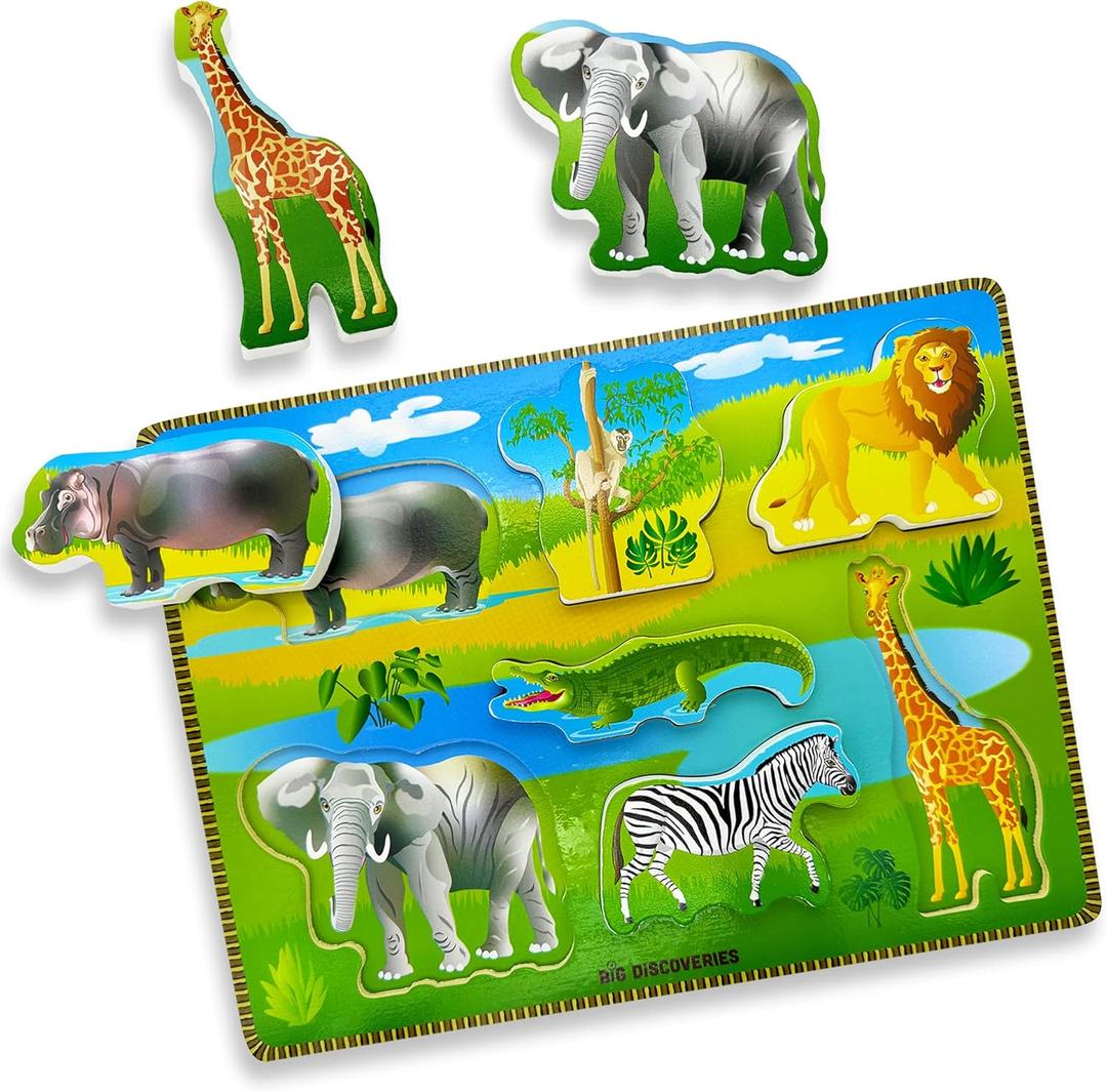 2 x Big Discoveries Wooden Puzzle - Animal Wood Puzzles for Toddlers 2+ Years Old | Montessori Learning Puzzles for Kids - Great for Preschool Aged Boys and Girls (Safari Animals)