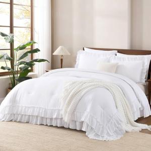 Andency White Ruffle Comforter Full Set, 3pcs Vintage Farmhouse Shabby Chic Bedding Comforter Set, Soft Lightweight Fluffy Bed Comforter Sets All Season Bedding Set (Full(79"x90"))