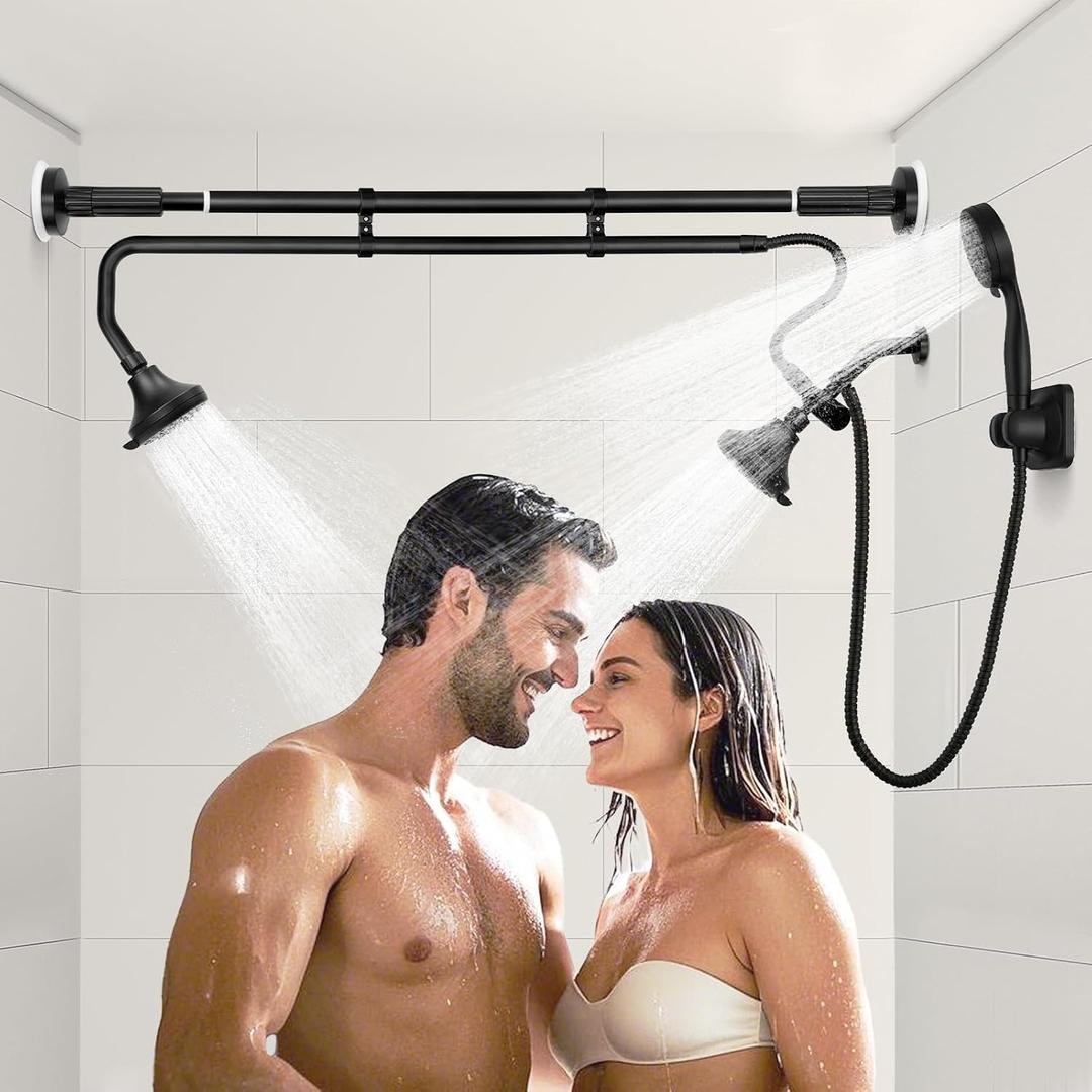 OURBAOFU Tandem Shower, Dual Shower Heads for Couples & Handheld head, Triple Shower Head System for Two People, High Pressure and Adjustable Double Shower Heads and Handheld Shower HeadBlack)