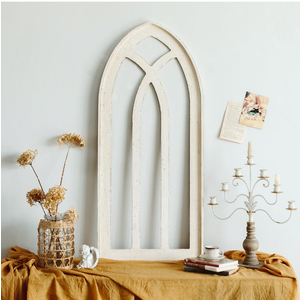 Arched Wooden Window Frame Wall Decoration, Rustic Farmhouse Wood Window Pane Hanigng Art Decor,  inches Gothic Cathedral Style Spire Design Wall Mounted Fake Window Decor, Distressed White(21x48) Inch