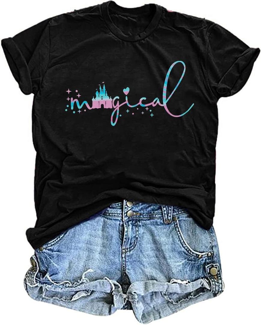 Magical Shirt for Women Magic Kingdom Tshirt Family Vacation Tee Castle Graphic Short Sleeve Tops (Small, Black)