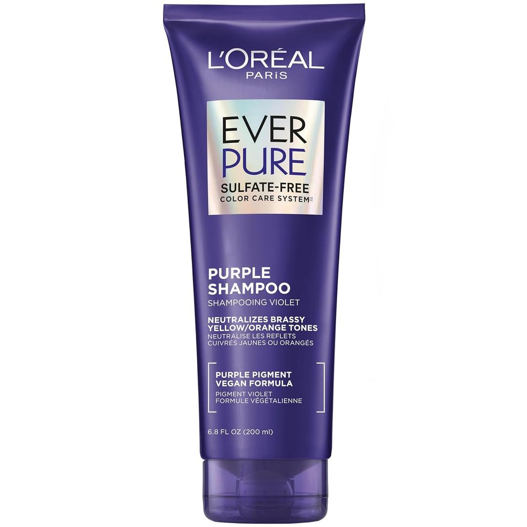 LOreal Paris Sulfate Free Brass Toning Purple Shampoo for Blonde, Bleached, Silver, or Brown Highlighted Hair, EverPure, 6.8 Fl Oz