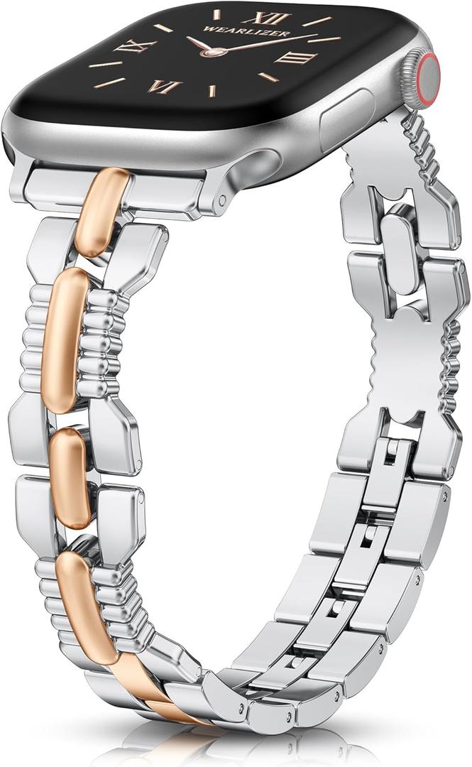 Wearlizer Slim Metal Band Compatible with Apple Watch Bands 42/46/38/40/41/44/45/49mm Women, Thin Dressy Stainless Steel Strap Designer Bracelet for iWatch Series 11 10 9 8 7 6 5 4 SE/Ultra 3 2 1
