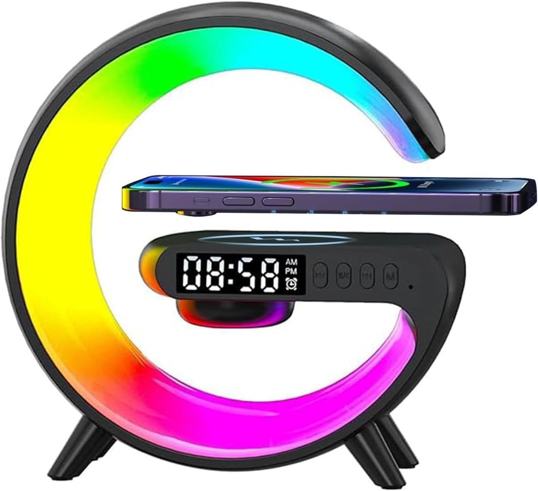 VDZZ Mini Wireless Speaker with Bluetooth Lamp, Atmosphere Lamp, Wireless Charging, Alarm Clock,Smart LED Table Lamp, Night Light, Birthday Gifts for Girls Boys Party Aged 4-12 (Black)