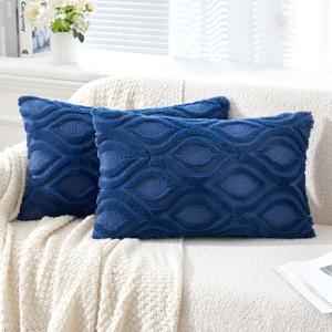 MIULEE Dark Blue Throw Pillow Covers 12x20 Inch, Soft Winter Plush Faux Wool Couch Pillow Covers Set of 2 Decorative Farmhouse Boho Throw Pillows for Sofa Living Room Bed